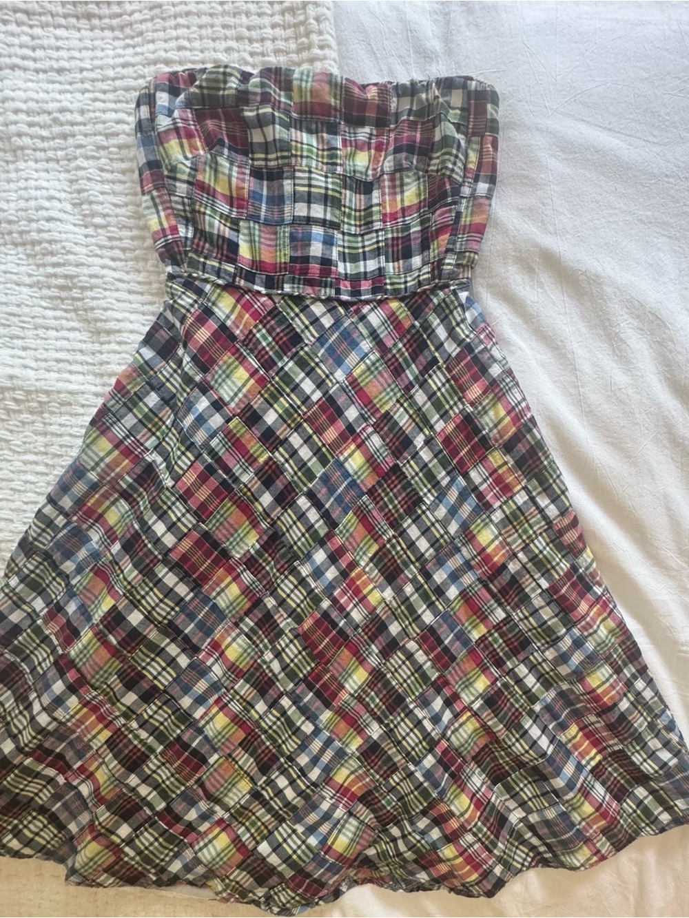 J. Crew Strapless Plaid Dress in Red, Blue, Green, Yellow